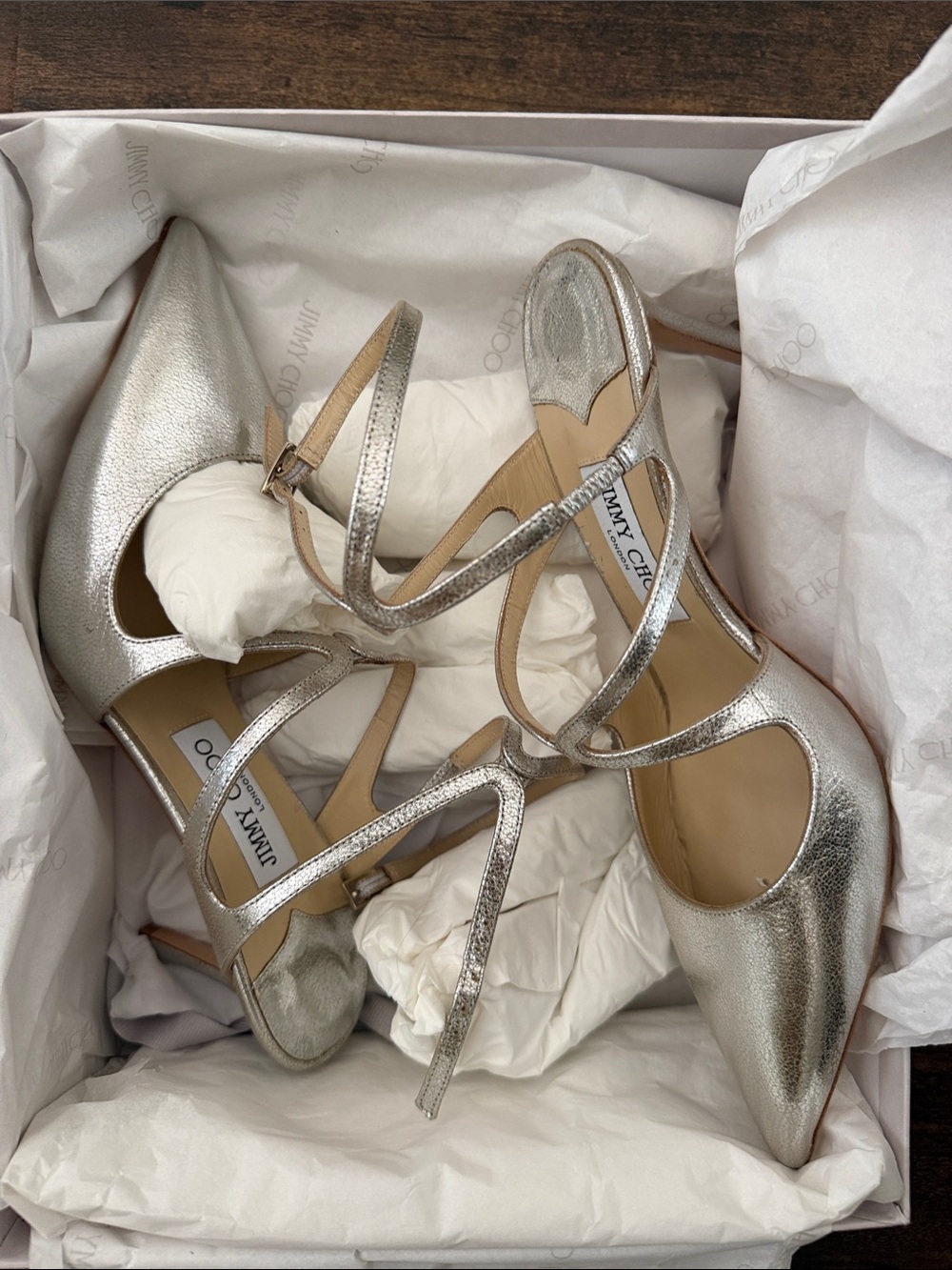 Brand New Jimmy Choo Metallic Silver Pointed-Toe Strappy Heels